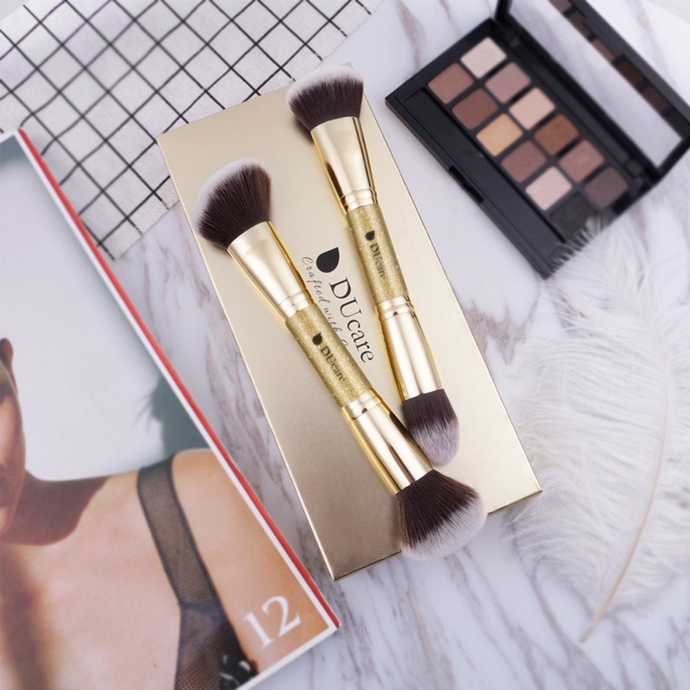 2Pcs Duo End Makeup Brushes, Synthetic Bristle Foundation Powder Buffer & Contour Brush Set, Dual Sided Face Brushes for Blending Concealer Bronzer Highlighter